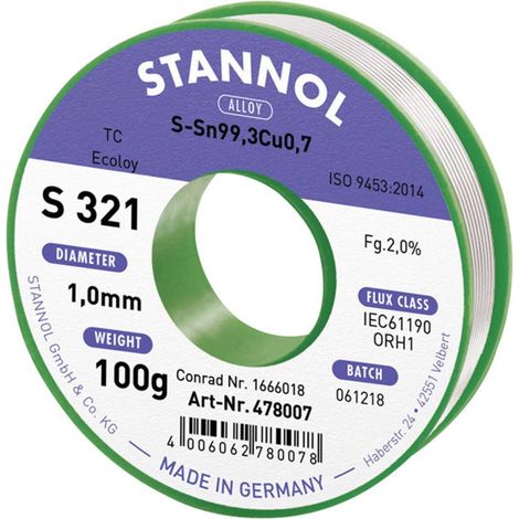 Stannol S321 2,0% 1,0MM SN99,3CU0,7CD 100G Stagno senza piombo senza piombo, Bobina Sn99,3Cu0,7 ORH1 100 g 1 mm
