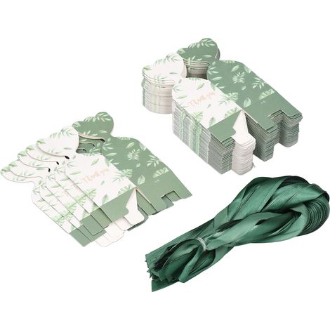50 Ensembles Boîte Cadeau Verte avec Ruban MERCI Motif Feuille pour Bonbons Emballage Cadeau Mariage Fête (1/5)
