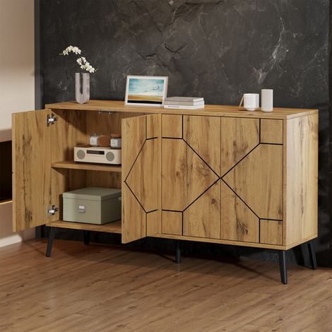 Tkopy - Buffet industriel 120 cm, 4 portes, rangement modulable, plateau large, pieds métal, ouverture push, design chêne, polyvalent salon/cuisine/entrée (1/5)