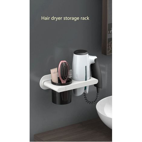 Soporte de pared para secador de pelo, autoadhesivo, sin taladro, accesorio de baño, organizador de estantes, blanco