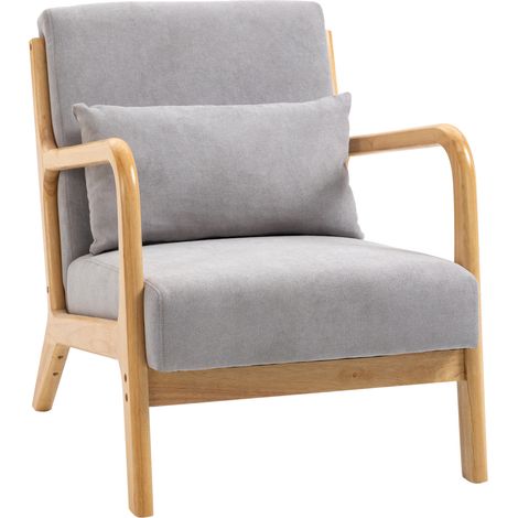 Fauteuil lounge avec accoudoirs, coussin lombaire, velours gris et structure en bois de caoutchouc (1/5)