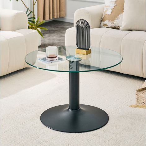 Mesa de centro redonda (70x70x45 cm), diseño moderno, tablero de vidrio templado, estructura de metal, negra (1/5)
