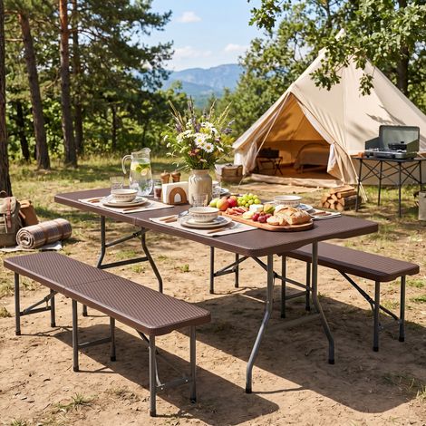 Table de camping pliante en deux noire en plastique HDPE avec poignée et plateau imitation rotin pour camping et pique-nique (1/5)
