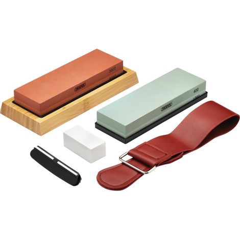 Draper 23968 Whetstone Sharpening Stone Set with Non-Slip Base and Angle Guide, 400/1000/3000/8000 Grit