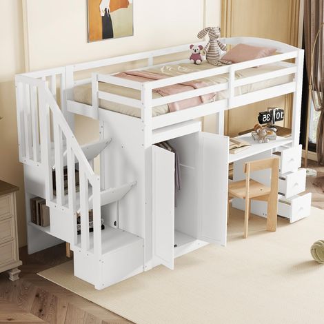 Lit mezzanine 90x200cm, pin, escalier avec rangement, lit enfant avec penderie, lit simple, blanc (1/5)