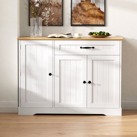 Buffet élégant avec 3 portes et un tiroir, cabinet, pour la salle à manger, le salon et le couloir (White+Natural) (1/5)