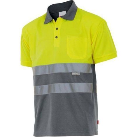 Polo Haute Visibilité - Manches Courtes - Bandes Réfléchissantes - Col Contrasté - Polyester 100% - Jaune Gris - 1 Pièce