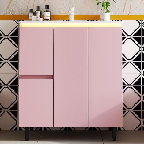 Mueble de baño con lavabo cerámico 76x47x89 cm rosa MDF con LED y cierre suave (1/5)