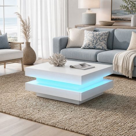 Table basse carrée pivotante LED 70x70x36 cm blanc OKMYHOME (1/5)