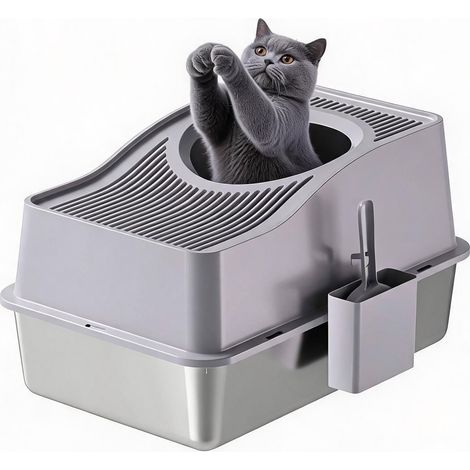 Litière fermée pour Chat en Acier Inoxydable avec Couvercle et Plateau, Anti-Odeur et Facile à Nettoyer, avec Pelle et Tapis, 60 x 40 x 39,5 cm, Gris (1/5)