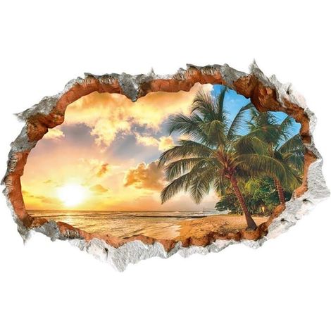 Wandtattoo „Sonnenuntergang am Strand“, 90 x 60 cm, Insel, Strand, Meer, Palmen, Wanddekoration für Wohnzimmer, Schlafzimmer, Flur, Eingangsbereich (1/4)