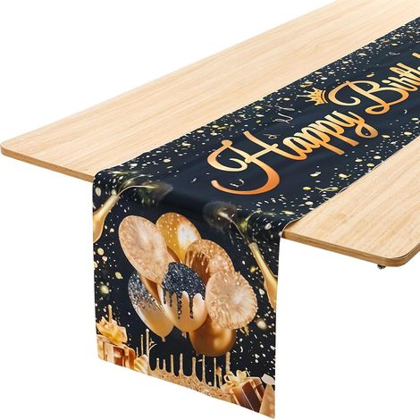 Nappe d'anniversaire, 33 x 183 cm, nappe rétro noire et dorée en polyester - Décoration de table pour fête d'anniversaire, idéale pour la cuisine ou la salle à manger, ou comme ornement de bureau. (1/5)