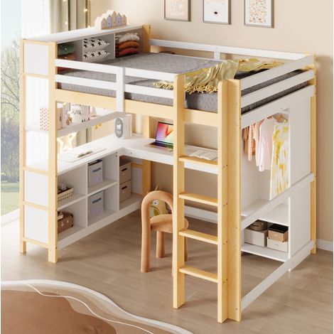 Hochbett 140x200 cm Natur aus Kiefernholz mit Schreibtisch, Regalen und Kleiderschrank (1/5)