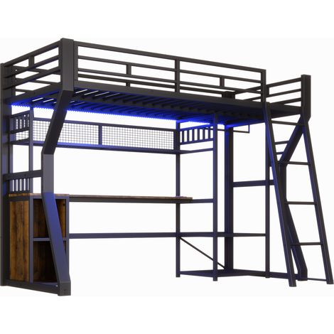 Hochbett 90 x 200 cm aus Metall und MDF mit Schreibtisch, Regalen, LED, Steckdose - Schwarz (1/5)