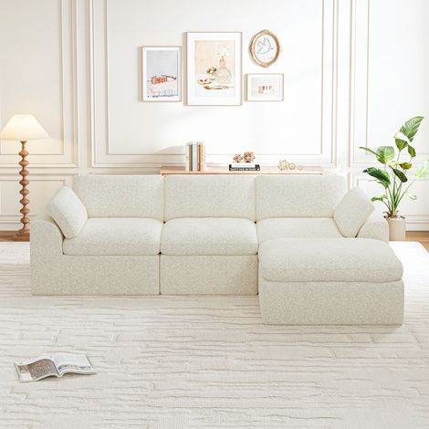 Divano modulare a 3 posti con pouf in tessuto ciniglia, divano compresso, non richiede montaggio, profondità seduta 60 cm, soggiorno moderno beige, 286x182x65 cm (1/5)