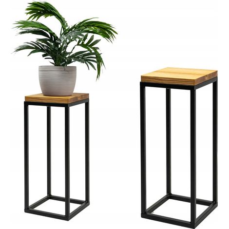 Soporte de metal para macetas de pie, color negro, madera clara, Laval XS, 19x19x47 cm. (1/5)
