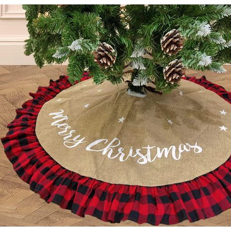 Jupe de sapin de Noël en lin de 122 cm (48 pouces) avec bordure à carreaux Buffalo (1/5)