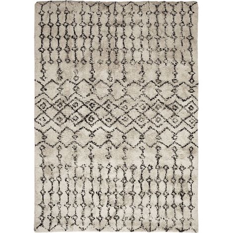 Tapis berbère en coton recyclé écru 160x230 – Épaisseur 18mm – Tissage épais – Motifs noirs d'inspiration berbère – Thedecofactory