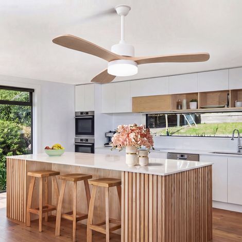 Ventilateur Plafond 106,6 cm Bois Massif - 6 vitesses,LED,Télécommande,moteur DC réversible silencieux,Économe et Design Scandinave