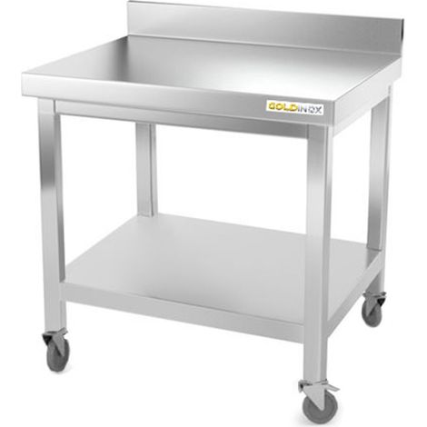 Table de travail en inox soubassement 700 x 700 mm adossée sur roulettes PREMIUM - GOLDINOX (1/4)