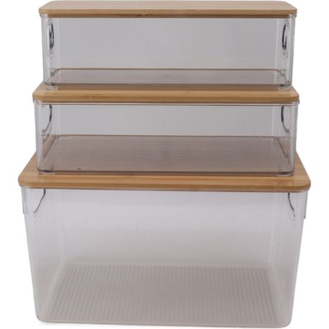 Lot de 3 boîtes de rangement transparentes empilables avec couvercle en bois, organiseur multifonctionnel pour vitrine (1/5)