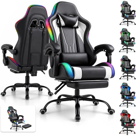 Deovko Chaise gaming ergonomique avec éclairage LED, dossier réglable de 90 à 135°, repose-pieds rétractable, fonction bascule et assise en cuir PU blanc. (1/5)