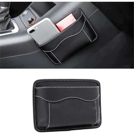 Organiseur Latéral pour Siège de Voiture, Mini Organiseur en Cuir, Pochette Latérale de Rangement pour Auto, pour Organiser Documents, Dossiers, Téléphone, Clés, Monnaie (Noir) (1/5)