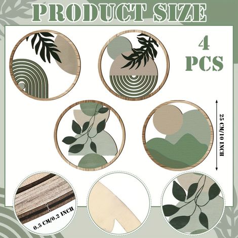 Irovami Suspension murale en bois de style bohème, motif plante verte, 4 pièces (1/5)