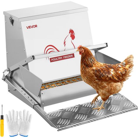 VEVOR Mangiatoia Automatica per Polli, Capacita di 18,14 kg, Mangiatoia per Pollame a Pedale Antipioggia con Coperchio Bloccabile, Senza Sprechi, Struttura in Acciaio Zincato, per Galline Nane