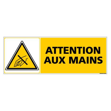 Panneau de Signalisation danger ATTENTION AUX MAINS (C0860) - Plastique PVC 1,5 mm - 210 x 75 mm