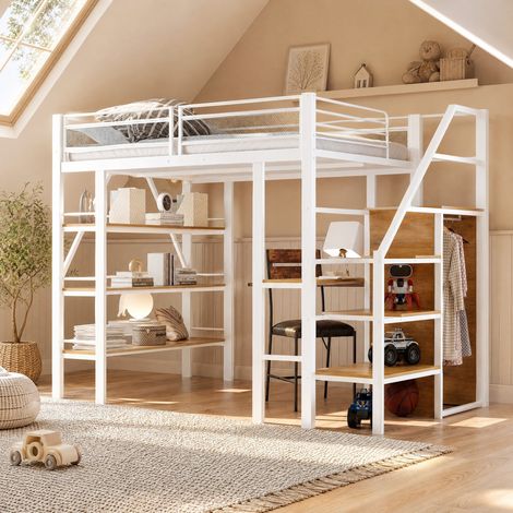 Hochbett 252x147,5x178,5 cm métal blanc avec bureau, rangement, pour chambre, sans matelas – MEUBLIV (1/5)