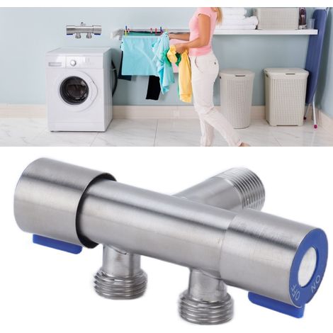 Robinet de machine à laver à ouverture rapide, double poignée, double commande, jet froid unique, en acier inoxydable 304 (une entrée, deux sorties). (1/5)