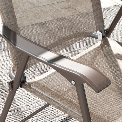 Lot 2 fauteuils de jardin pliants marron, assise et accoudoirs en tissu respirant (1/5)