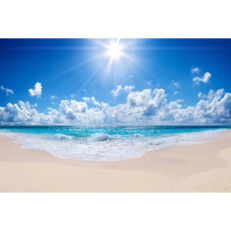 Papier peint panoramique plage eau turquoise | Tapisserie panoramique paysage paradisiaque cuisine | Papier peint panoramique beige et bleu - 267 x 400 cm (4 pièces) (1/2)