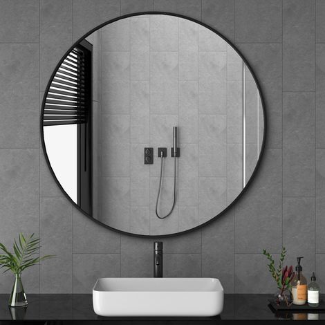 60 cm Spiegel Rund, runder Spiegel, Wandspiegel, Metallrahmen, einfache Montage, modern, für Bad, Wohnzimmer, Schlafzimmer, Flur, Eingangsbereich, Matt Schwarz (1/5)