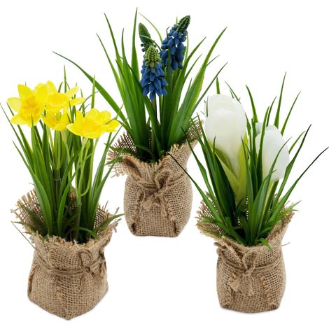 Deko Kunstblume im Jutesäckchen 19 cm - 3er Set - Kunstpflanze klein mit Blumen und Büten im Topf