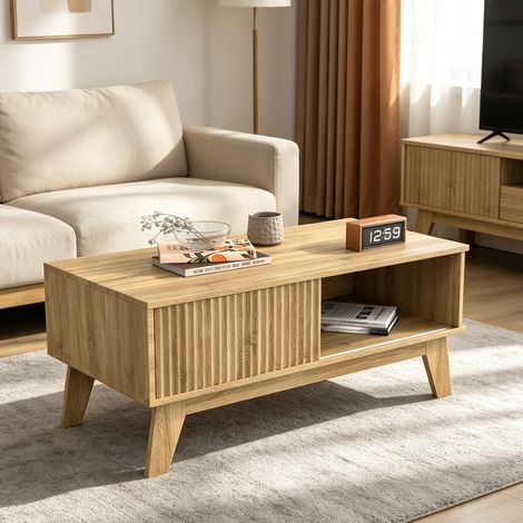 Table basse bois – porte coulissante – rangement double – Design moderne – 95×48×41 cm (1/5)