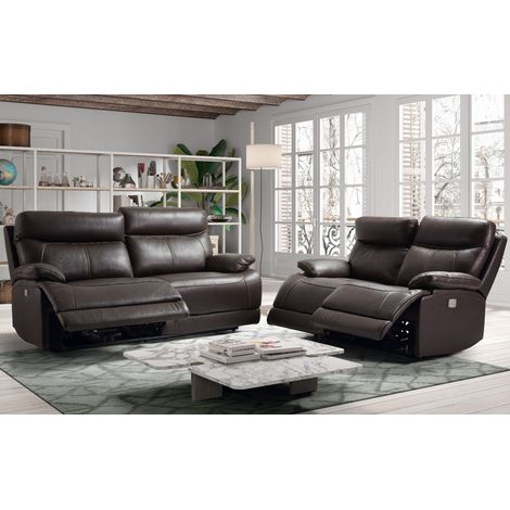 Les Tendances – Canapé relax 3 places électrique – Canapé fixe 2 places en cuir marron – Mécanisme électrique 4 moteurs – Dimensions 194x97cm (1/5)