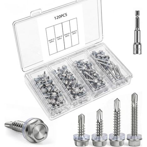 Vis Autoforeuse Metal Inox 410 Vis Autoperforante 120Stk 4.8 x 16/19/25/32mm avec Rondelles D'étanchéité EPDM et 1 Douilles Hexagonale pour Metal Bac Acier Bois Tôle Placo Toiture (1/5)