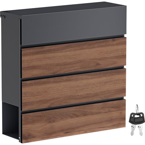 Toboli Buzón de diseño V62 antracita/madera 410 x 130 x 370 mm de pared con cerradura y hueco para periódico hecho en acero con recubrimiento en polvo