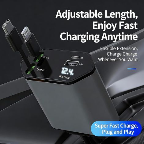 Cargador retráctil para encendedor de cigarrillos de coche, cargador de teléfono para coche 4 en 1, compatible con carga superrápida de 120 W, puerto para encendedor de cigarrillos, puerto USB-C. (1/3)