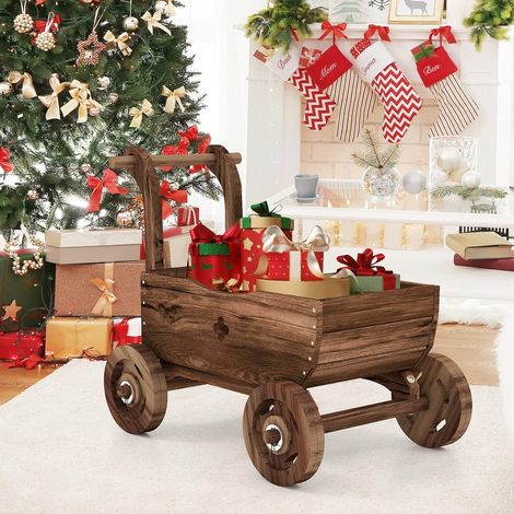 Brouette Décorative en Bois de Sapin Brouette 4 Roues avec Poignée Support de Pot avec Trou de Drainage Charge 20 KG 68 X38,5X53,5 CM (1/2)