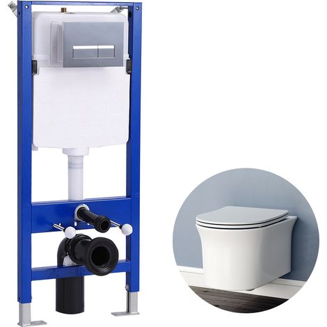 Rimless Wall Hung Toilet Round 1.14M Concealed Cistern Frame Set UF Soft Close Seat WC pan (1/5)