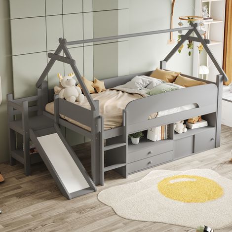 Lit enfant 90 x 200 cm, en bois massif et bois, avec tiroirs, gris, pour chambre enfant, tiroirs de rangement multifonctionnel
