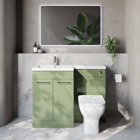 Napoli 460 Olive Green 1100mm 2 Door Vanity Unit Toilet Suite with Left Hand Square Lucia Basin - 1100mm - Chrome 160mm HandleWith Kingston Toilet Pan and Seat
