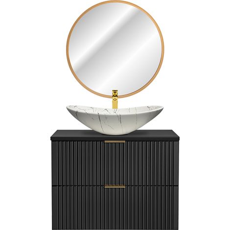 Waschplatz Set, 81cm, mit marmoriertem Aufsatzbecken und LED-Spiegel, matt schwarz mit gerillter Front ADELAIDE-56-BLACK, B/H/T ca. 80,6/200/46,5 cm (1/5)