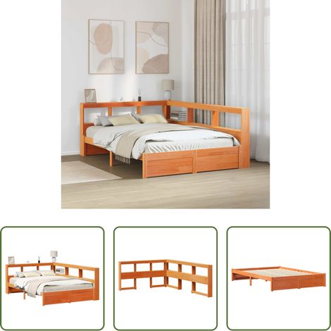 Holz Bett - Bücherregal-Bett mit Kopfteil 2 pcs Wachsbraun 200 x 140 cm (1/5)