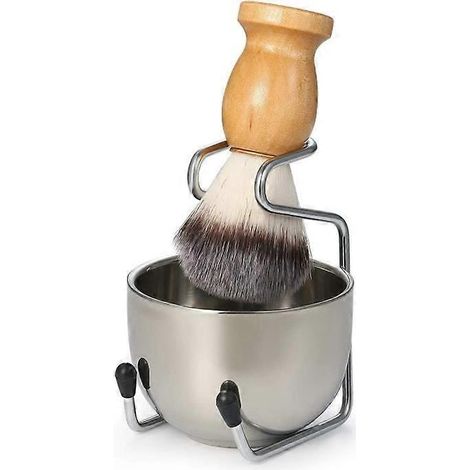 Pinceau de rasage Anbbas en poils de blaireau synthétiques, manche en bois, support et bol de rasage en acier inoxydable, idéal pour le rasage traditionnel. (1/5)