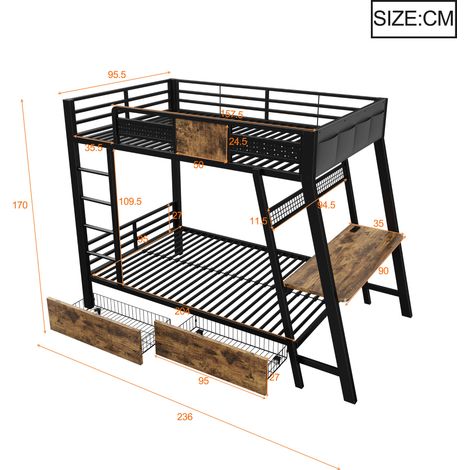 Lit superposé en métal 90x200 cm avec bureau gaming intégré, prises USB et Type-C, ruban LED, deux paniers de rangement, lit ado double en fer noir (1/5)