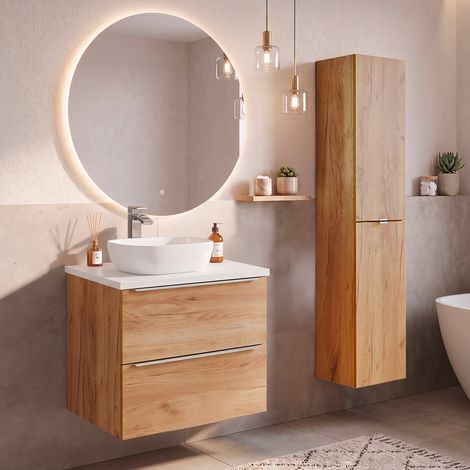 Ensemble meuble simple vasque 60cm et colonne April Bois et Blanc (1/5)